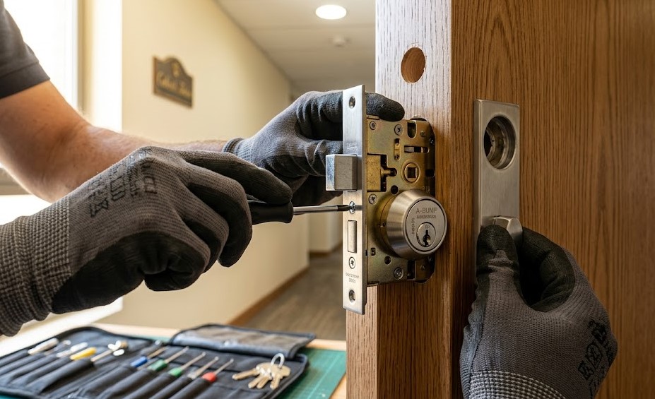 Cerrajero instalando cerradura anti-bumping de alta seguridad en vivienda en Montmeló